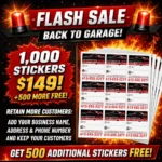 5266047-fixed-soc • StickerPlanet Canada Promotional ad for a flash sale: 1,000 stickers for $149 with 500 free, shows sticker sheets and bold text about business name and contact details.
