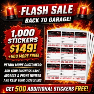 Promotional ad for a flash sale: 1,000 stickers for $149 with 500 free, shows sticker sheets and bold text about business name and contact details.
