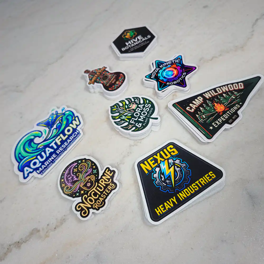 promo-stickers-1 • StickerPlanet Canada A collection of colorful logo stickers spread on a light marble surface, featuring various brand designs and labels around the edges of the image.