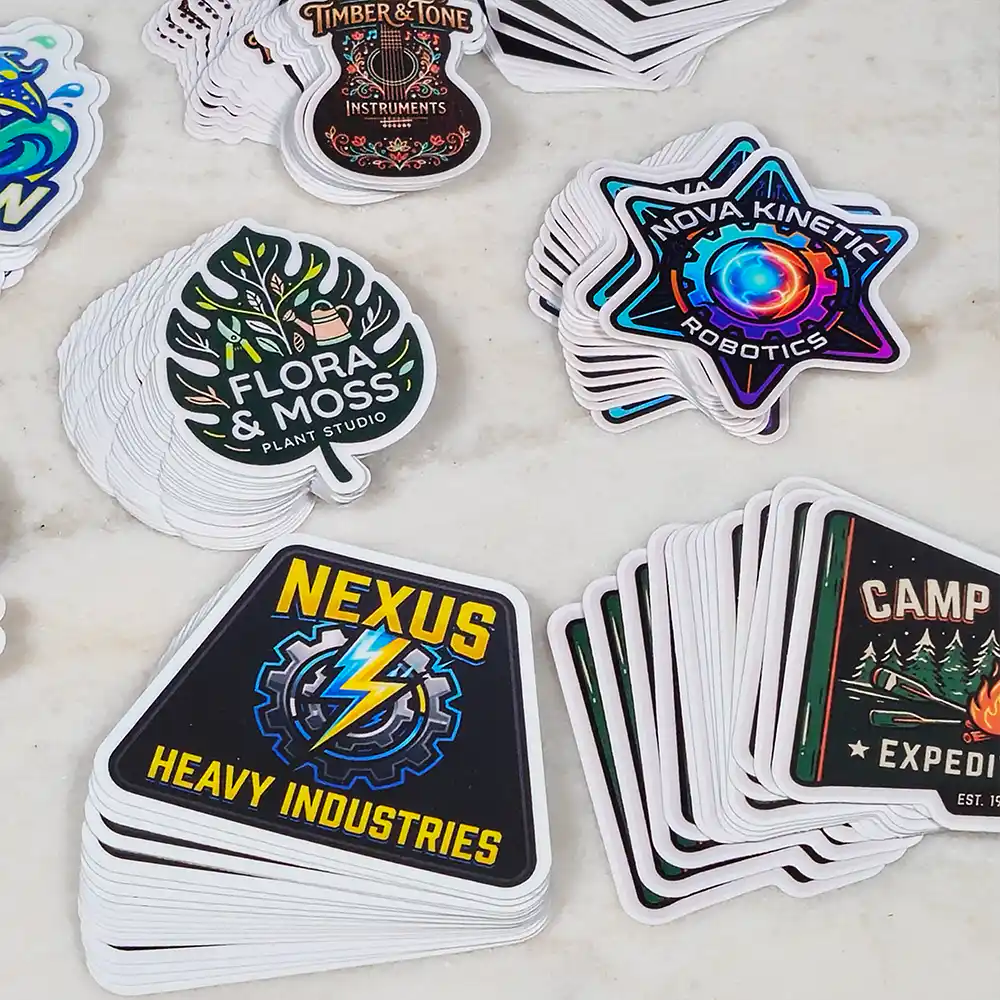 promo-stickers-5 • StickerPlanet Canada Stack of glossy stickers featuring logos: Nexus Heavy Industries, Nova Kinetic Robotics, Flora & Moss Plant Studio, and Timber & Tone Instruments.