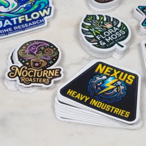 Stack of round stickers with 'Nocturne Roasters' coffee cup logo on a dark background and swirling steam.